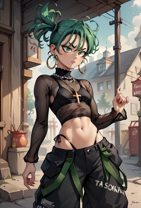 tatsumaki,green hair,curly hair,green eyes short hair,medium breast ,Side Ponytail, black bra, long sleeves, mesh crop top, baggy pants,black pants,
highleg panties , earrings,hoop earrings,cross necklace,jewelry,poese