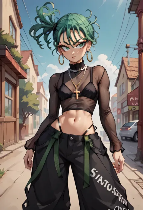 tatsumaki,green hair,curly hair,green eyes short hair,medium breast ,Side Ponytail, black bra, long sleeves, mesh crop top, baggy pants,black pants,
highleg panties , earrings,hoop earrings,cross necklace,jewelry,poese