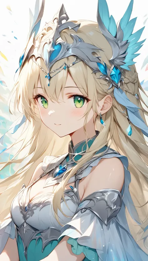 ((Pale lines and soft colors create a dreamlike effect., Fleeting Impressions..)),Paladin,Holy Knight、Blonde、Emerald Eyes、Long Hair、White Armor、Silver Armor、Silver Helmet、Navy blue line、Rin々Beautiful girl、Holy Knightの女の子、Hold the sword with both hands