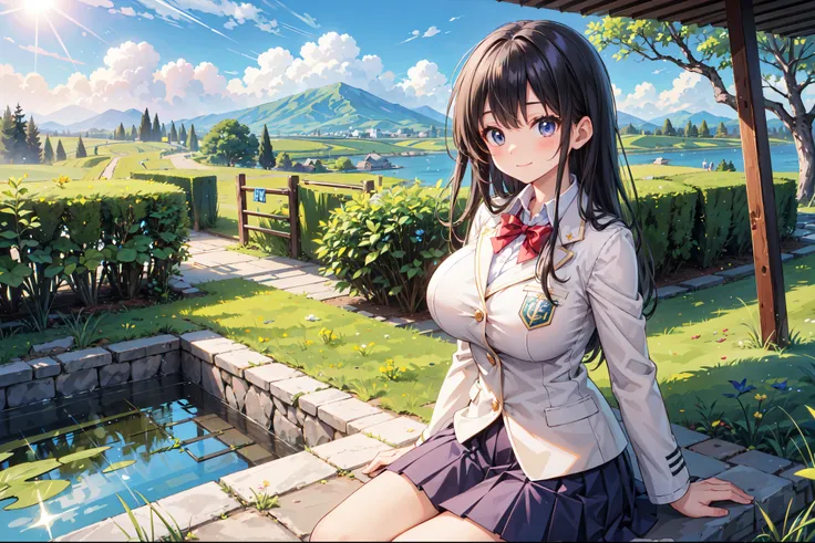 (((Masterpiece, 16k, Highest quality, Ultra-high resolution, Depth of subject))), ((Very detailed, Japanese countryside scenery)), (((High school girl in blazer uniform, 2 people, skirt, Big Breasts))), Beautiful girl in great detail, Very accurate body st...