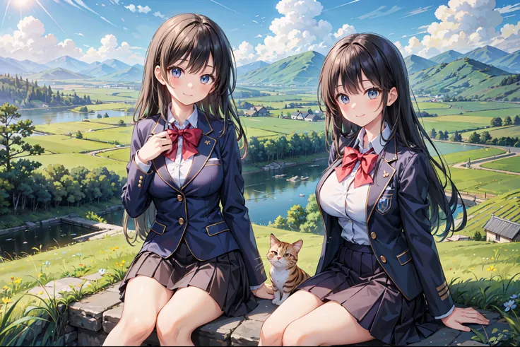 (((Masterpiece, 16k, Highest quality, Ultra-high resolution, Depth of subject))), ((Very detailed, Japanese countryside scenery)), (((High school girl in blazer uniform, 2 people, skirt, Big Breasts))), Beautiful girl in great detail, Very accurate body st...