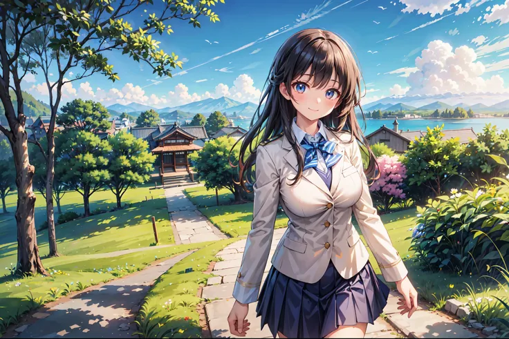 (((Masterpiece, 16k, Highest quality, Ultra-high resolution, Depth of subject))), ((Very detailed, Japanese countryside scenery)), (((High school girl in blazer uniform, 2 people, skirt, Big Breasts))), Beautiful girl in great detail, Very accurate body st...