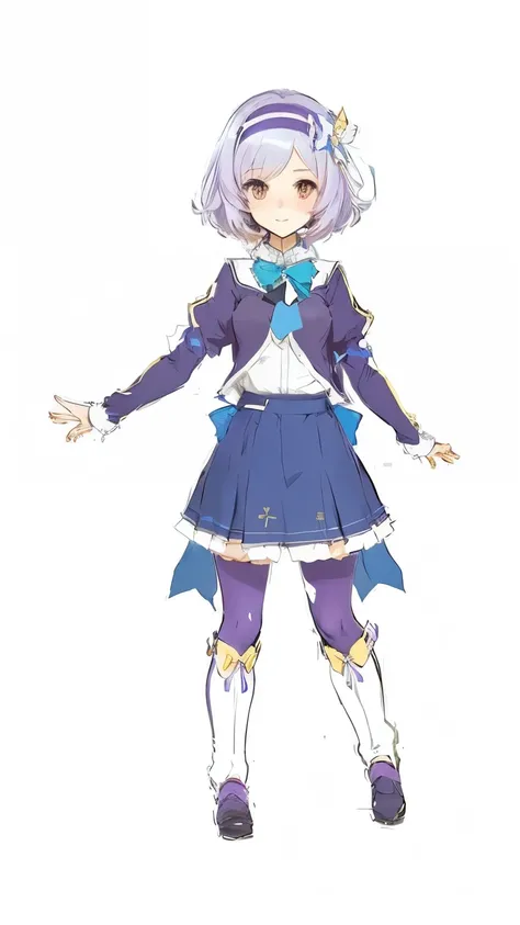 linne from isekai wa smartphone to tomo ni, in another world whit my smartphone, anime  dressed in a purple and blue outfit with a bow, rem rezero, magic school uniform, full body with costume, clear outfit design, art style of rune factory 5, full body co...