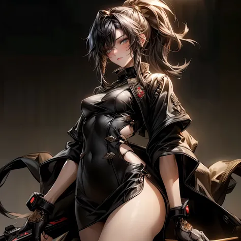 ((best quality)), ((Masterpiece)), ((Enrich the picture，Masterpiece level quality)), an image of a beautiful cyberpunk female, mature woman, fierce woman, cyberpunk theme, cyberpunk, fantasy, medieval, ((black hair, High ponytail)), beautiful golden eyes, ...