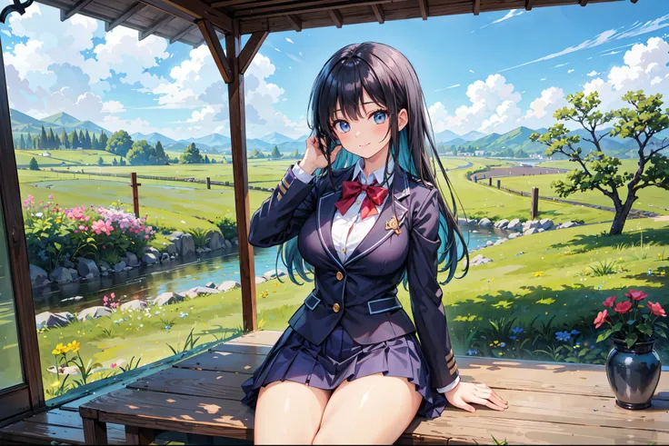 (((Masterpiece, 16k, Highest quality, Ultra-high resolution, Depth of subject))), ((Very detailed, Japanese countryside scenery)), (((High school girl in blazer uniform, 2 people, skirt, Big Breasts))), Beautiful girl in great detail, Very accurate body st...