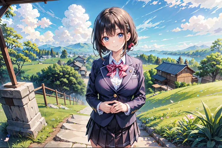 (((Masterpiece, 16k, Highest quality, Ultra-high resolution, Depth of subject))), ((Very detailed, Japanese countryside scenery)), (((High school girl in blazer uniform, 2 people, skirt, Big Breasts))), Beautiful girl in great detail, Very accurate body st...