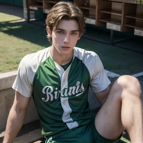 man, brown hair, green eyes, white, high, skinny, delicious, lump between legs, shirtless, baseball uniform, 20 years, in a green area, realistic, 4k