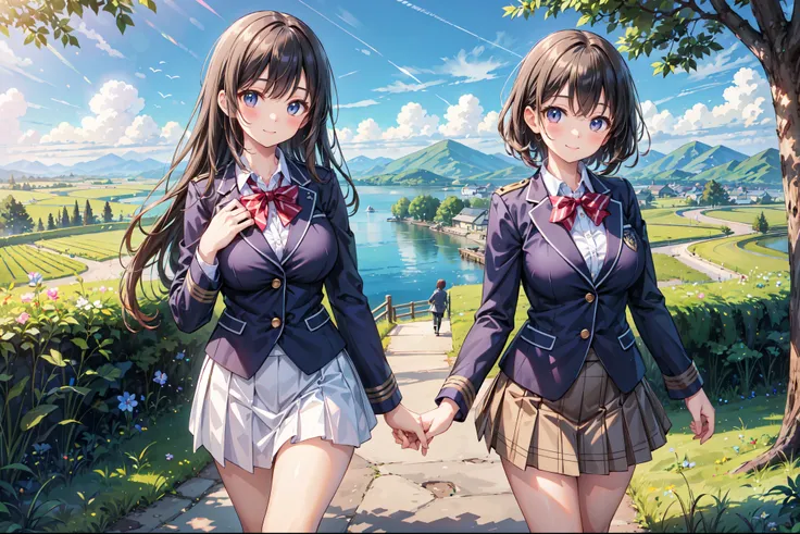 (((Masterpiece, 16k, Highest quality, Ultra-high resolution, Depth of subject))), ((Very detailed, Japanese countryside scenery)), (((High school girl in blazer uniform, 2 people, skirt, Big Breasts))), Beautiful girl in great detail, Very accurate body st...