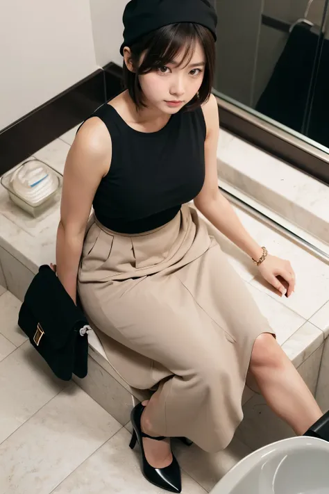 photorealistic, beautiful japanese woman, black sleeveless top, black flared long skirt, very small brown shoulder bag, brown cap, black pumps

Blushed face,
Plump breast, Medium bob hair,
(sitting in bathroom:1.3),(From top view:1.3)