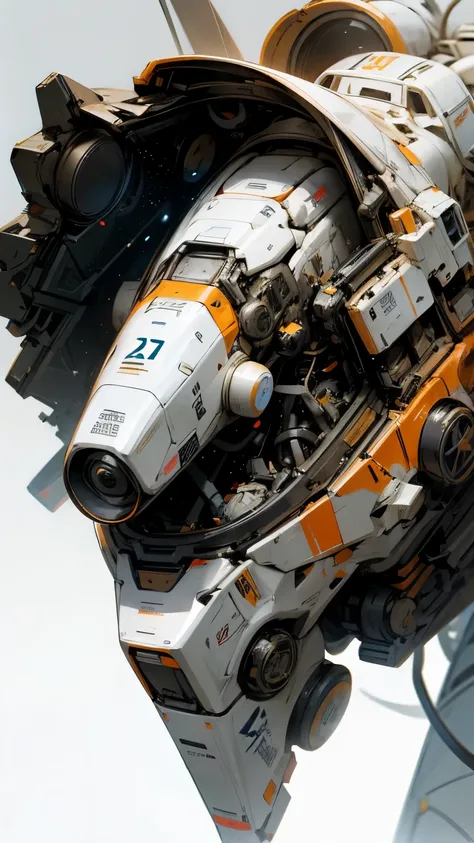 Space debris collection robot、Simple Background、Orange and off-white coloring、whole body