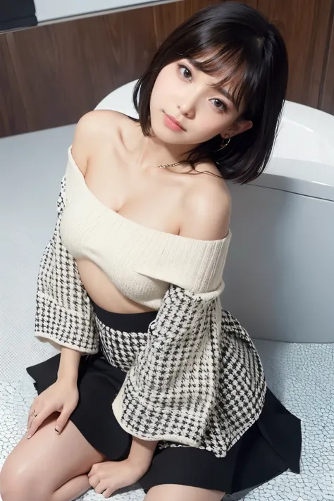  photorealistic, beautiful japanese woman, ivory lightweight off-shoulder knit, black houndstooth mini skirt

Blushed face,
Plump breast, Medium bob hair,
(sitting in bathroom:1.3),(From top view:1.3)