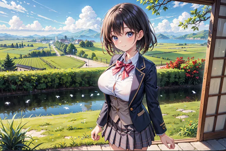 (((Masterpiece, 16k, Highest quality, Ultra-high resolution, Depth of subject))), ((Very detailed, Japanese countryside scenery)), (((High school girl in blazer uniform, 2 people, skirt, Big Breasts))), Beautiful girl in great detail, Very accurate body st...