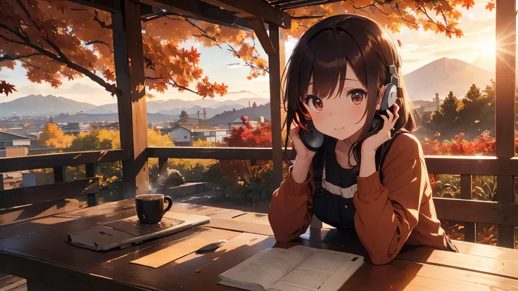 The ground is full of red leaves　Brown Hair、Sitting at an outdoor table drinking coffee、Cute girl wearing headphones、is studying with his notebook open、Autumn dress、Kind Face、Warm lighting　Japanese anime style　Angle where the entire desk can be seen,Shortc...