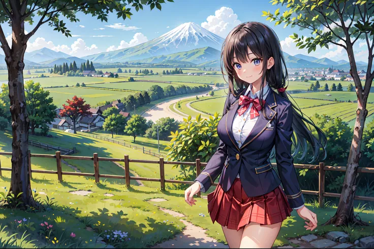 (((Masterpiece, 16k, Highest quality, Ultra-high resolution, Depth of subject))), ((Very detailed, Japanese countryside scenery)), (((High school girl in blazer uniform, 2 people, skirt, Big Breasts))), Beautiful girl in great detail, Very accurate body st...