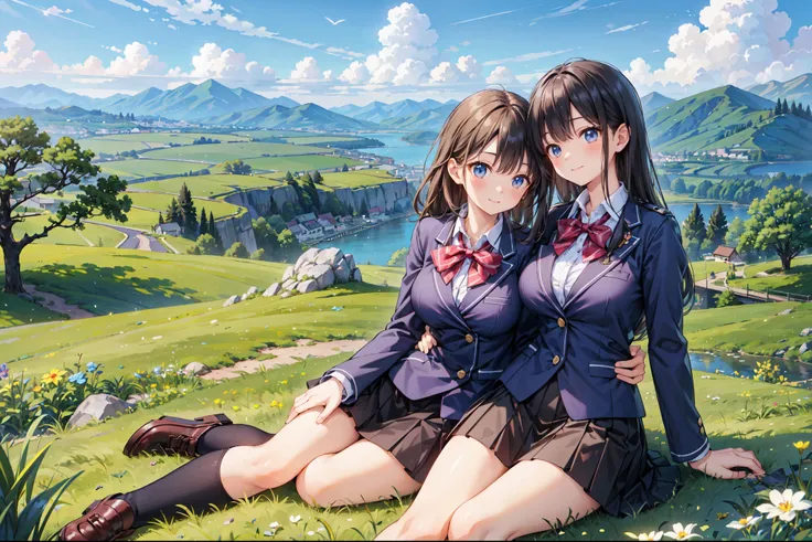 (((Masterpiece, 16k, Highest quality, Ultra-high resolution, Depth of subject))), ((Very detailed, Japanese countryside scenery)), (((High school girl in blazer uniform, 2 people, skirt, Big Breasts))), Beautiful girl in great detail, Very accurate body st...