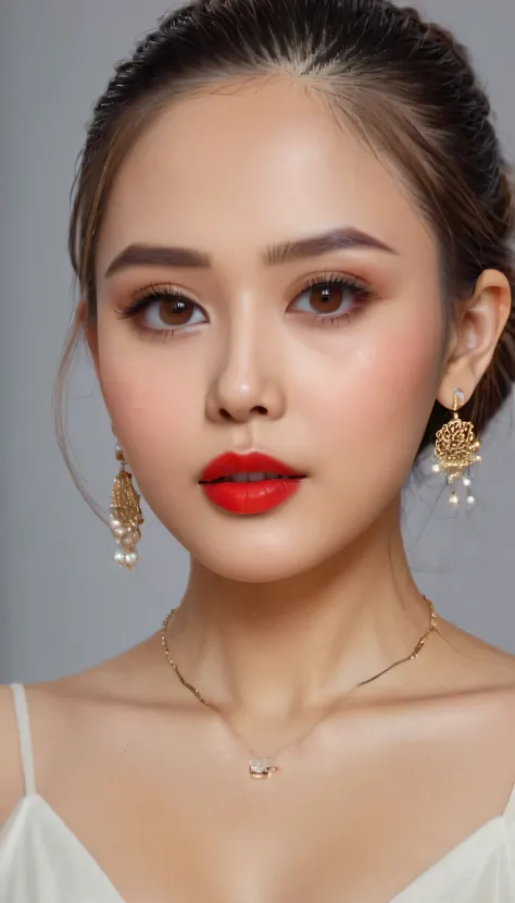 (raw photos:1.2), (Real picture:1.4), Beautiful girl with details, Very detailed 8k, beautiful and good eyes, High nose, Slender face.  cute jewelry, necklace, Hoop earrings, hair and makeup done by professional artists., red lips.   movie light，trendy，  I...