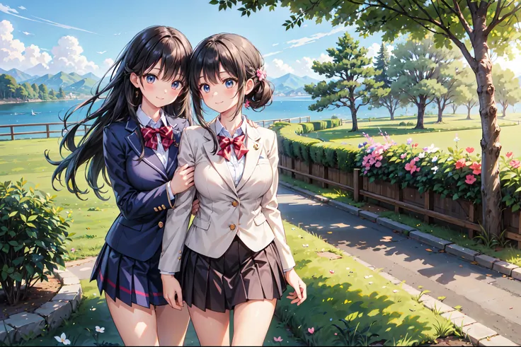 (((Masterpiece, 16k, Highest quality, Ultra-high resolution, Depth of subject))), ((Very detailed, Japanese countryside scenery)), (((High school girl in blazer uniform, 2 people, skirt, Big Breasts))), Beautiful girl in great detail, Very accurate body st...