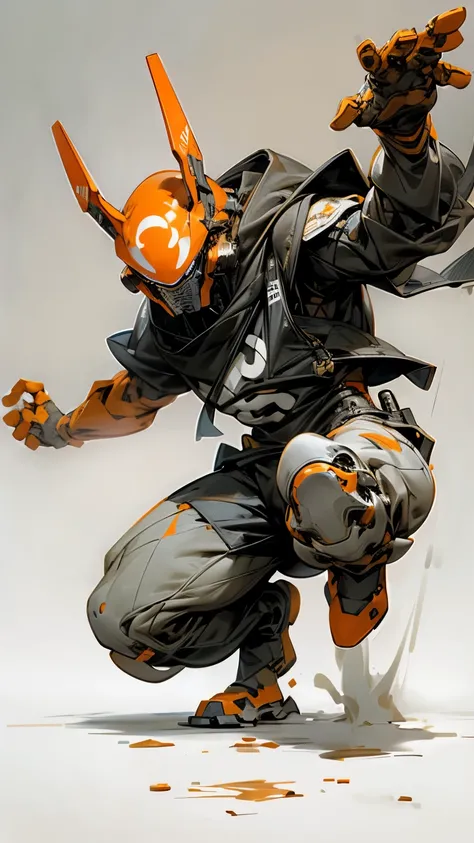 live-action、Real、Humanoid Robot、Humanoid silhouette、Simple Background、Orange and off-white coloring、whole body、Capoeira poses、Dynamic pose、Shooting with a wide-angle lens