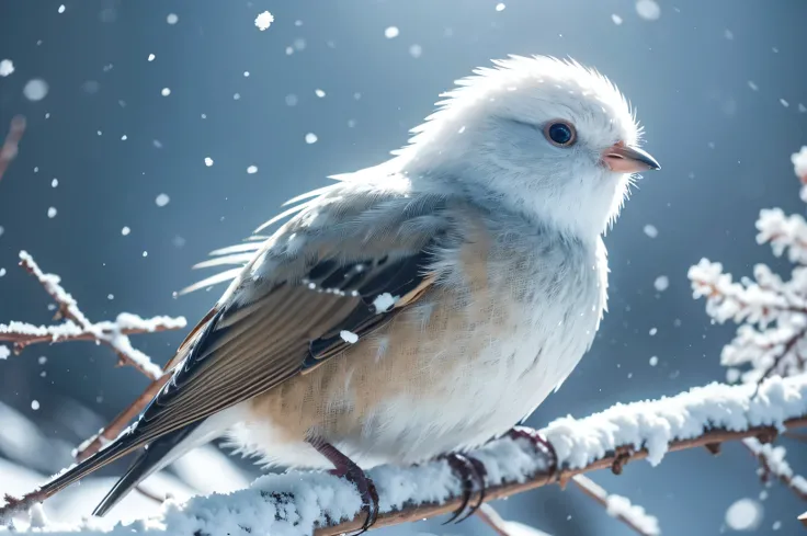 a snowy park in sapporo, an albino long-tailed tit bird perched on a snowy branch curiously looking at the camera, round and fluffy white body, round black eyes, triangular black beak, head tilted, (best quality,4k,8k,highres,masterpiece:1.2),ultra-detaile...