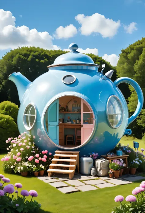 /i a cute little house shaped like an oversized teapot, adorned with pastel-colored flowers and tiny animal figures on its sides...