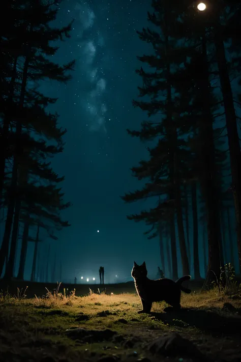 8k, Lonely black cat, Lost Forest, Moonlit Night