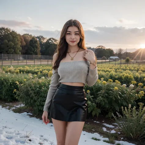 Beautiful teenage girl, Russians, In the flower field, Snow is falling, Under the setting sun, Golden bangs, Long thick hair, Make your hair look cute and beautiful, Beautiful blue eyes, Brown eyes, Sexy figure, Thick clothes, Wear a necklace, bracelet, Pu...