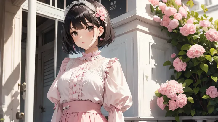 A beautiful woman wearing a pink and white blouse and skirt with lots of frills and lace　Black short bob hair with hair ornament　Upper Body　lipstick