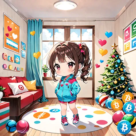 Ultra-realistic Mai Yoneyama Colorful Style, Simple lines acronym abstract art，(((The most beautiful girl of all time))), Chibi, Colorful hearts, Cute design, Sports Fashion, Dark Eyes, (((Holiday Room))), (((Cute Protozoan))), (((Cryptocurrency)))