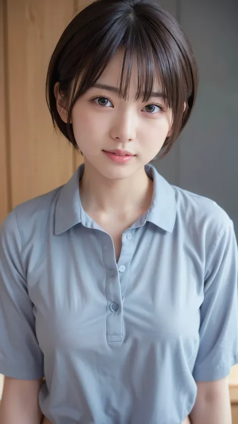 Very cute girl、、Short Hair、Gray Hair、Reduce hair volume、Indoor Background、Upper Body、(Upper Body写真:1.5)、bikini、Eyes focus、Collared shirt、Laughter、、(8k、RAW Photos、Best Quality、masterpiece:1.2)、(Realistic、Realistic:1.3)、、The depth of the written world、Wide L...