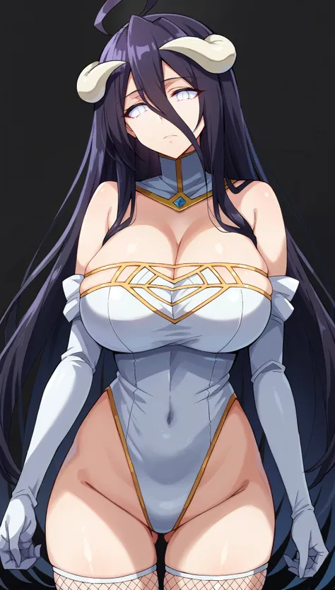 score_9, score_8_up, score_7_up, score_6_up, score_5_up, score_4_up, BREAK source_anime, albedo, ahoge, black hair, horns, long hair, hip vent, white gloves, elbow gloves, cleavage, l(white eyes, slit pupils),glowing eyes,Huge breasts, (evil depravity),((e...