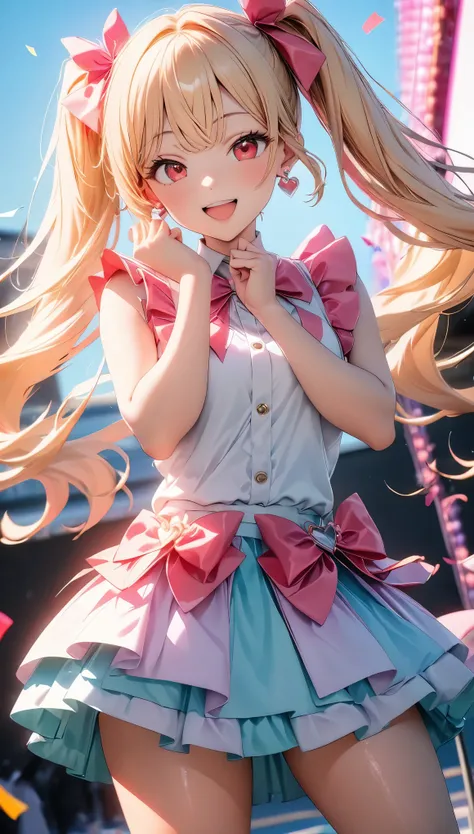 (8k, RAW Photos, 最high quality, masterpiece:1.2), High-quality RAW color photos, Professional photo shoot, Cinematic Light, alone, (((1 girl))), Blonde, Long Hair, Twin tails, Red eyes, jewelry, Earrings, Idol Costumes, Cute frills, pastel colour, Beautifu...