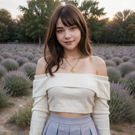 Beautiful teenage girl, Russians, In the lavender fields, Under the setting sun, Golden bangs, Long thick hair, Make your hair look cute and beautiful, Beautiful blue eyes, Brown eyes, Sexy figure, Thick clothes, Wear a necklace, bracelet, Put on a watch, ...