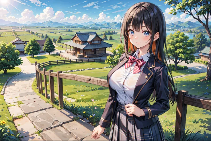 (((Masterpiece, 16k, Highest quality, Ultra-high resolution, Depth of subject))), ((Very detailed, Japanese countryside scenery)), (((High school girl in blazer uniform, 2 people, skirt, Big Breasts))), Beautiful girl in great detail, Very accurate body st...