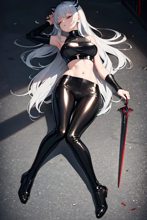 a dead sexy anime girl, wearing shiny crop top and shiny black metallic leggings, full body shot head to toe, lying down on the floor, body surrounded by blood, closed eyes and a dagger inserted to her body