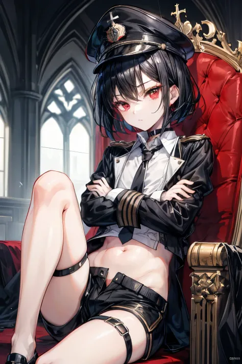 ((최고의 품질)), ((걸작)), (상세한), 완벽한 얼굴, SOLO, 1 BOY, SHOTA, ANIME, beautiful detailed eyes, BOB hair, black hair, RED EYES, BARE thighs, (((BARE LEG))), ((BLACK short pants)), (((dress shirt))), ((MID DRIFF)), Flat chest, Choker, expressionless, (Thigh strap), ...