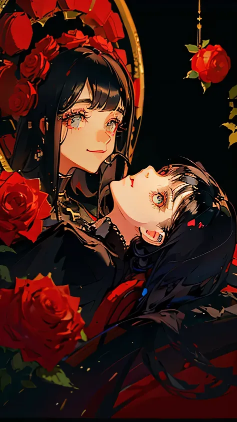 red roses, close up face, black hair, golden eyes, ethereal, mystical, extremely detailed, high quality, painting like, vibrant colors