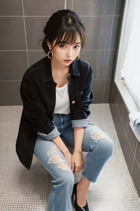  photorealistic, beautiful japanese woman, light gray t-shirt, small black check long jacket, oversized washed denim, gold earrings, black suede pumps

Plump breast, Medium bob hair,
(sitting in bathroom:1.3),(From top view:1.3)