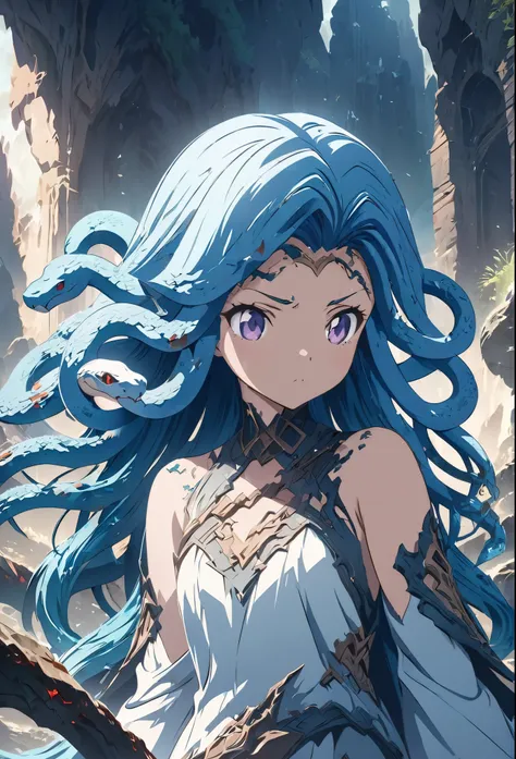 (masterpiece:1.2), (best quality:1.2), ultra-high resolution, very detailed, medusa girl, (snake hair:1.5),blue hair,otherworldl...