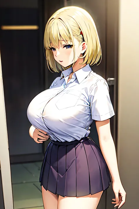 standing . wearing short skirt . white short sleeve shirt . female student . A prostitute big breast 