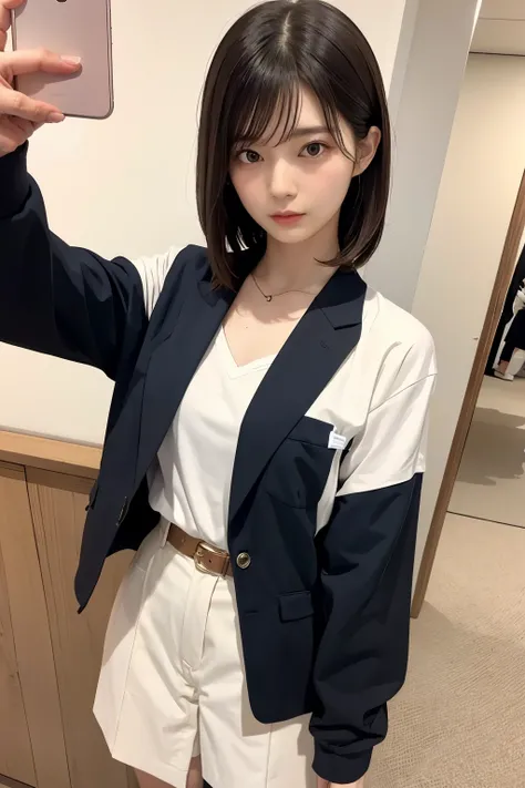  photorealistic, beautiful japanese woman, selfie, smart phone covering one eye, Instagram style, cropped image, ootd fashion
