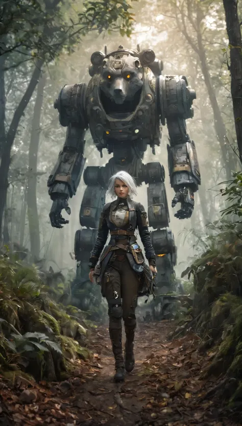 (masterpiece), (anime style), (ultra detailed), (beautiful), (UHD, HDR), (8k), (highres:1.2), (intricate and beautiful:1.2), (dramatic lighting:1.2), a steampunk highly detailed mech, walking with a woman in a misty forest, white hair, detailed clothes, gr...