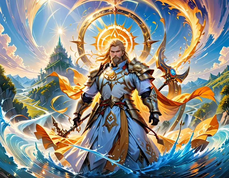 male, dwarf, (Masterpiece 1.5, intense details)cleric, paladin, (Masterpiece 1.5, intense details), casting a spell (Masterpiece 1.3, intense details),wearing heavy white armor with spikes (Masterpiece 1.2, intense details), orange cloak with sun symbol, f...