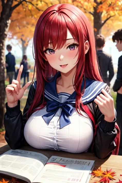 8ｋ,Best Quality,masterpiece, Sharp focus,High school girl，，Red Hair，Lewd，Autumn Clothes
