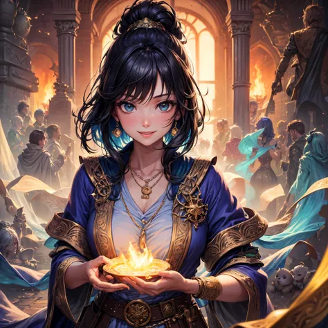 colorful portrait illustration, (attractive female as a wizard, ponytail, wearing_long_flowing_blue_intricately_embroidered_wizard_robes), (necklace, pouches, belts, smiling, highly detailed face, masterpiece, best quality),  highly detailed, (in a dungeon...