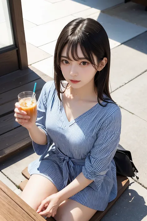 photorealistic, beautiful japanese woman, drink with a straw, cafe, Instagram style, cropped image, ootd fashion,

(From top view:1.3), 