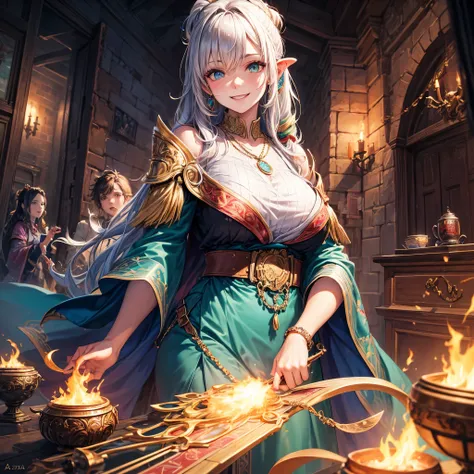 colorful portrait illustration, (attractive female as a wizard, ponytail, wearing_long_flowing_blue_intricately_embroidered_wizard_robes), (necklace, pouches, belts, smiling, highly detailed face, masterpiece, best quality),  highly detailed, (in a dungeon...