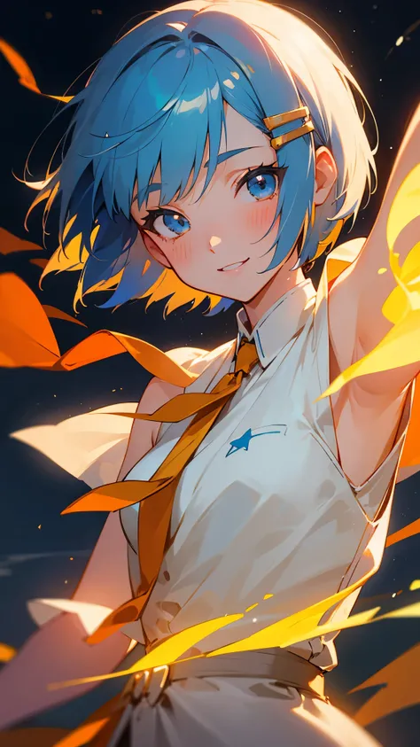 1 Girl、masterpiece、Best Quality、detailed、Shiny light blue hair、Short Bob Hairstyles、Tie your hair with an orange hair clip、beautiful茶色の目、beautiful、dancer、Starry Sky、night、Anime style painting、Hard Edge、Soft Surface、smile、smile、Upper body close-up、from the ...