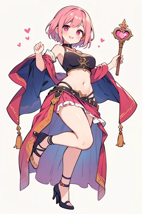 High resolution, masterpiece, Anatomically correct, Best Quality, One girl, smile、Blushing、Short Hair、Large, wide eyes、Pink Hair,Choker、Heart symbol、Simple Background、Shoulders stick out、I can see your belly button、Thighs、mini skirt、High heels、Dancer、ethni...