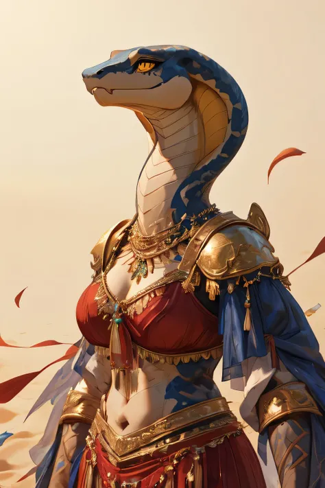 ((best quality)), ((masterpiece)), (detailed), full body ,female, furry , snake , cobra snake , dancer clothes , arabic dancer , white and sand yellow scales , close face , fangs , yellow reprilian eyes , 