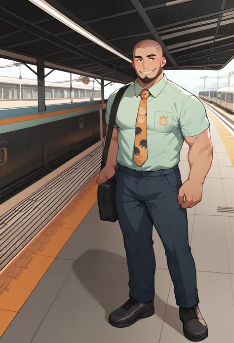 Japanese, male, shaved head, beard, thick, slightly hairy, light green shirt, bear print tie, slacks, black business bag, smiling, train station platform